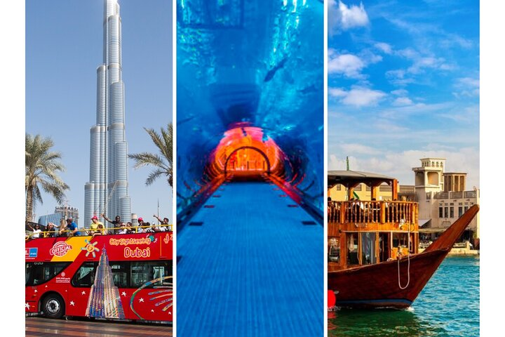 Experience Dubai’s iconic skyline aboard the HOHO bus dive into underwater wonders at the Lost Chambers Aquarium and sail away with a scenic Dhow cruise for unforgettable memories.
